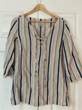 Tommy Bahama Striped Lace-Up Tunic in Cream, Navy and Olive